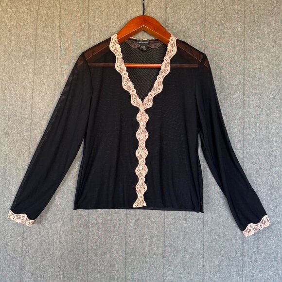 90s Vintage Moda International Sheer Mesh Black  Pink Lace Trim Button Front Top - Picture 1 of 7